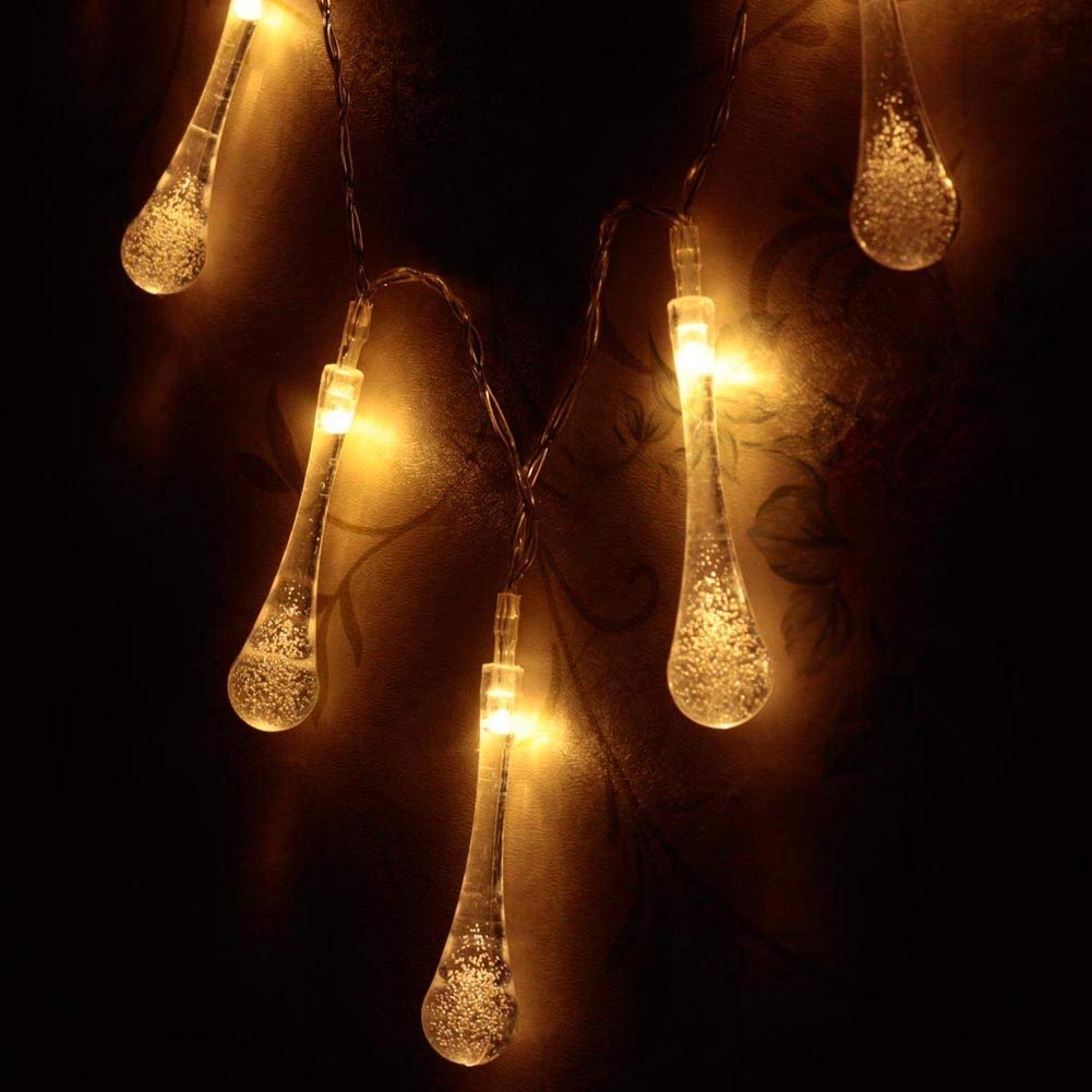 stringa di luci a forma di goccia, 2 m, 20 LED per interni, alimentata a batteria, luci da giardino, per Natale, feste, Warm White