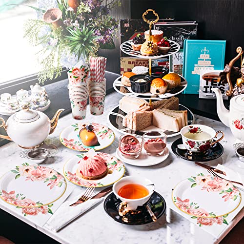 120 Pcs Flower Paper Plates Wedding Tea Party Supplies, Floral Theme Disposable Party Decorations For 24 Guests Including Plates,Cups, Straws And Napkins For Tea Party Bridal Shower, Wedding #TOP2