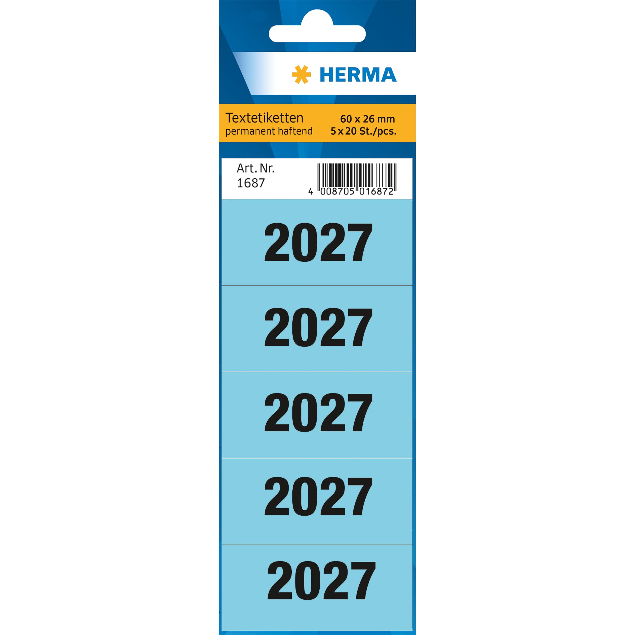 HERMA Year Numbers Stickers for Folders, Pack of 100, 60 x 26 mm, 5 per Sheet, Self-Adhesive, Opaque Text Labels, Matt, Paper Adhesive Labels Stickers, Blue