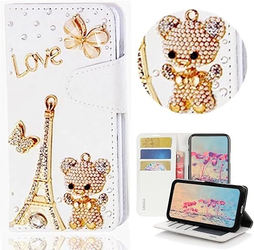 STENES Bling - Funda de piel tipo cartera compatible con iPhone 15 Pro Max, elegante, hecha a mano en 3D, hecha a mano con diseño de oso y mariposa, disponible en Yaxa Costa Rica