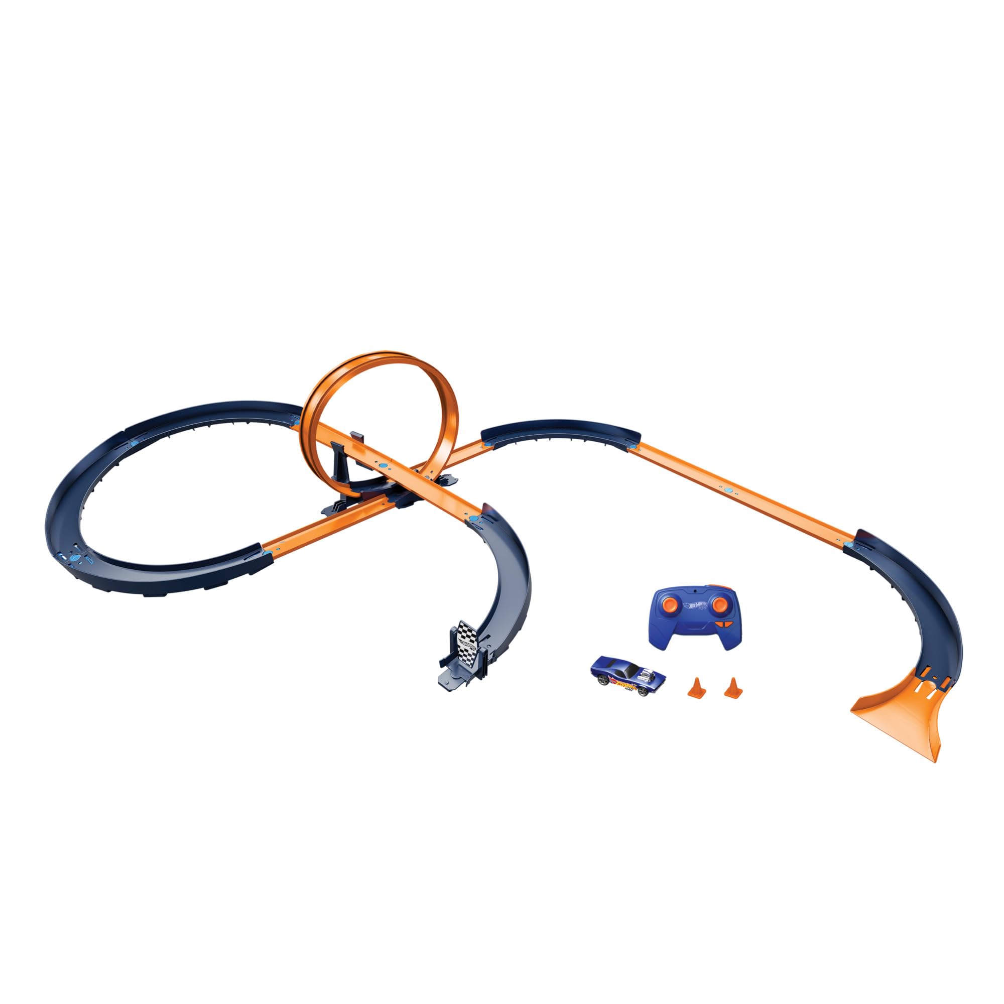 Hot Wheels RC Speed Challenge, Pista para coches de juguete con 30 piezas y vehículo teledirigido, los coches funcionan dentro y fuera de pista, juguete regalo para niños y niñas +5 años, HXX45