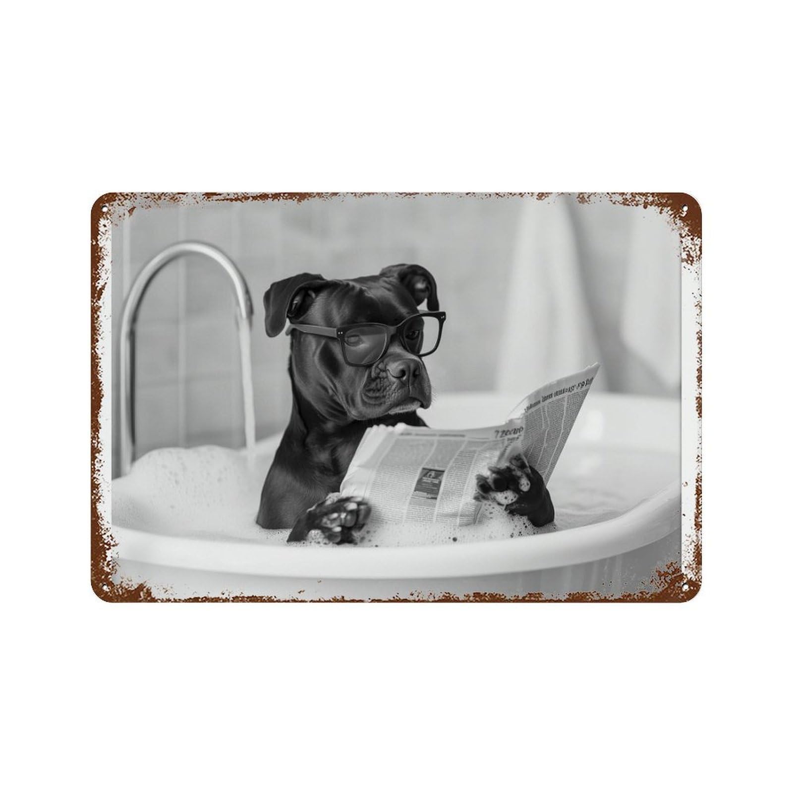 xiaoxiaoshen Staffy Bull Terrier in Bathtub Dog Reading Newspaper, Funny Bathroom Decor Wall Decor Art Metal Tin Poster Modern Home Decor Art Home Bar Shop Decorations Vintage Sign 20x30cm