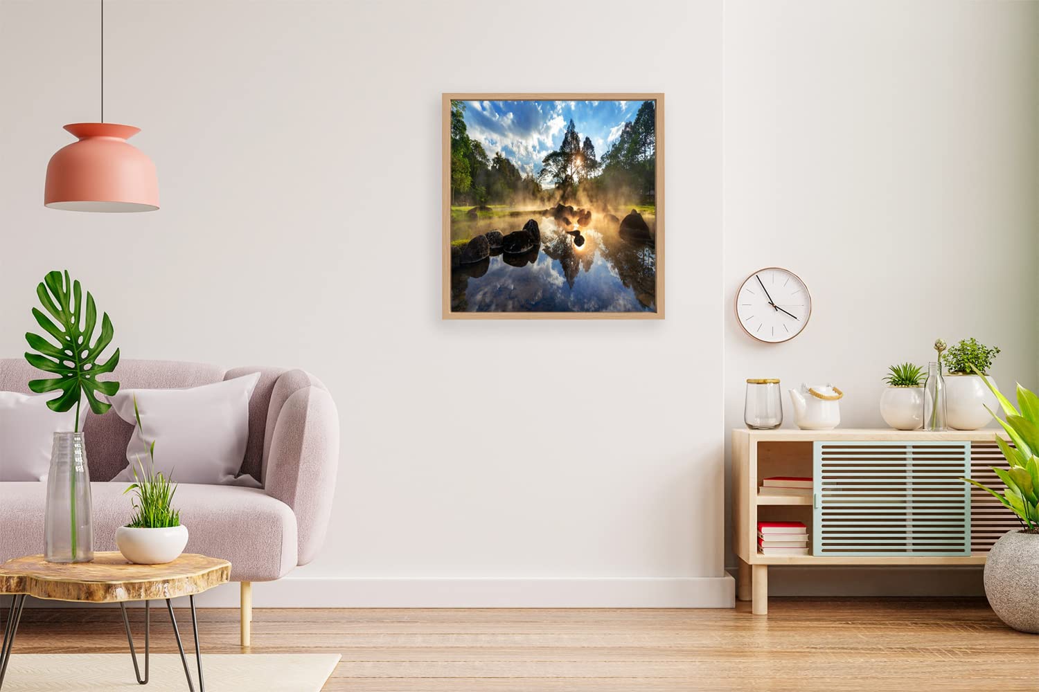 VERRE ART Wooden Floater Framed Canvas - Wall Decor for Living Room, Bedroom, Office, Hotels, Drawing Room (14in X14in) - Chae Son Hot Spring Park Sunrise