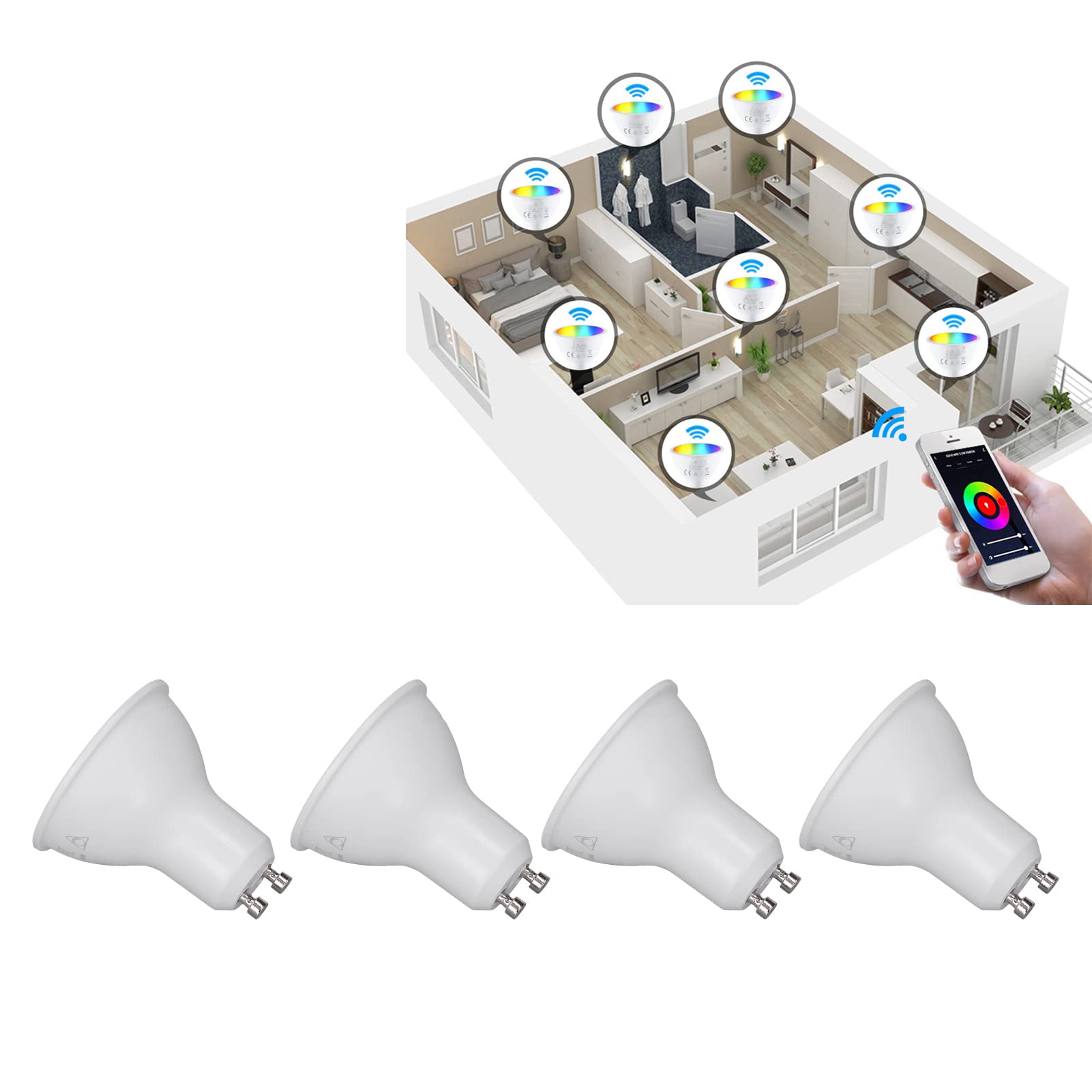 Oumefar Bombilla Inteligente WiFi 4 Uds. Bombillas LED Inteligentes ABS Regulables para el Hogar, Sala de Estar y Dormitorio