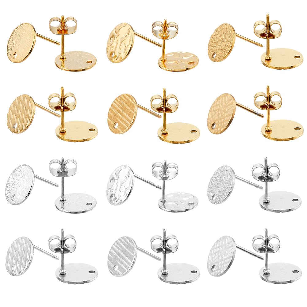 DICOSMETIC 24Pcs 2 Colors Stainless Steel Stud Earring Findings Textured Blank Earrings Flat Round Earring Post with Loop Disc Charms Earrings for DIY Jewelry Craft Making, Hole: 1.2-1.4mm