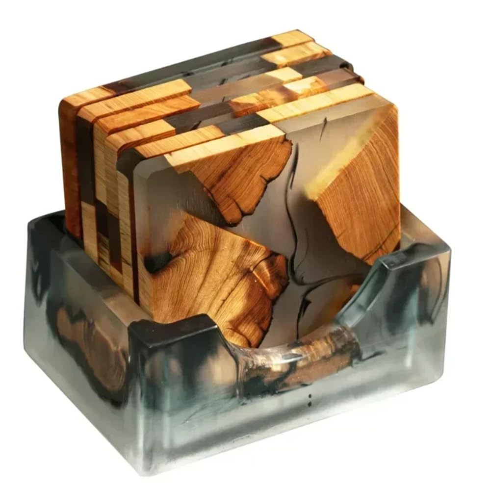 Pawlickio Wood Coasters Set with Epoxy Resin - Modern Coasters with Holder for Drinks, Includes 6 Coasters and Holder