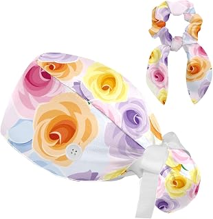 2 Pieces Surgical Cap for Long Hair Scrub Cap with Hairband Nurse Cap, Rose Flower Pattern Colorful