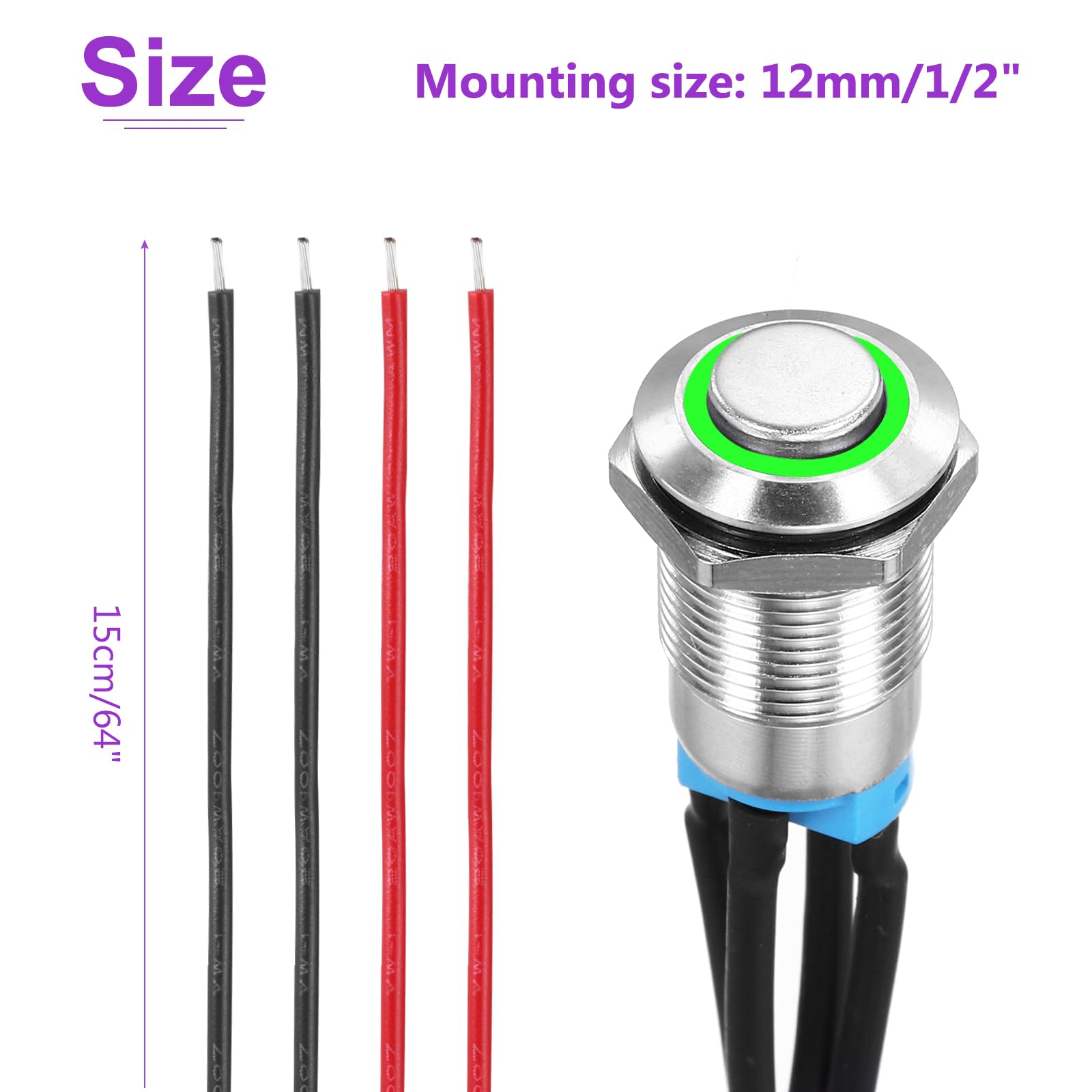 DMiotech 1/2 Inch Stainless Steel Latching Push Button Switch Domed Head 3A 12-24V Silver Shell with Pre-soldered Green LED Ring Light 1NO - Image 4