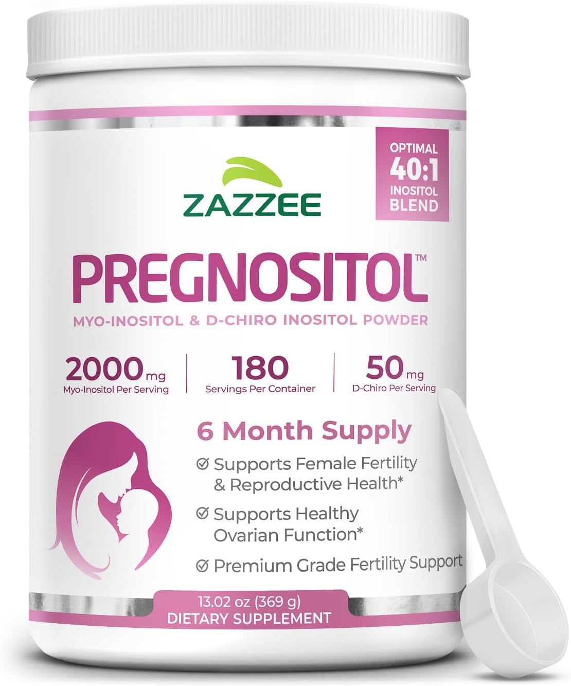 Zazzee PREGNOSITOL Powder, 6 Month Supply, Myo-Inositol and D-Chiro-Inositol 40:1 Fertility Blend, Free Scoop for Exact Dosage, Premium Balanced Formula, 180 Servings, Vegan, All-Natural and Non-GMO