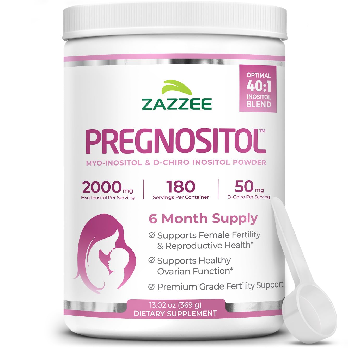 ZazzeePREGNOSITOL Powder, 6 Month Supply, Myo-Inositol and D-Chiro-Inositol 40:1 Fertility Blend, Free Scoop for Exact Dosage, Premium Balanced Formula, 183 Servings, Vegan, All-Natural and Non-GMO