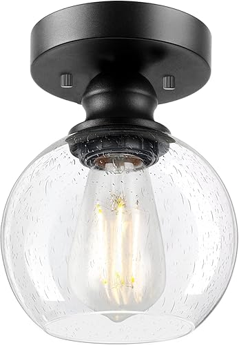 Industrial Semi Flush Mount Ceiling Light, Vintage Hanging Ceiling Lamp, Seeded Glass Pendant Lamp Shade, Farmhouse Light Fixture for Porch Hallway