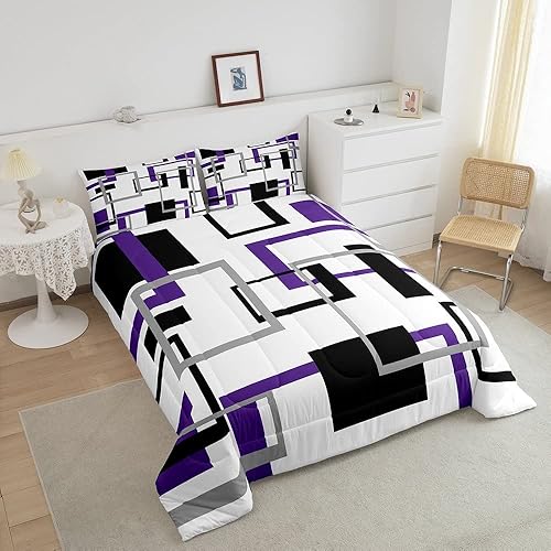Miniatura 3 de Erosebridal Juego de ropa de cama cuadrada para niños y niñas, color morado, gris, negro, juego de edredón geométrico, edredón de plumón con patrón