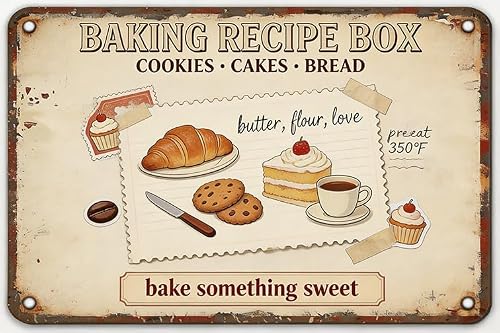 Baking Recipe Box Bake Something Sweet Cookie Cake Vintage Metal Tin Sign