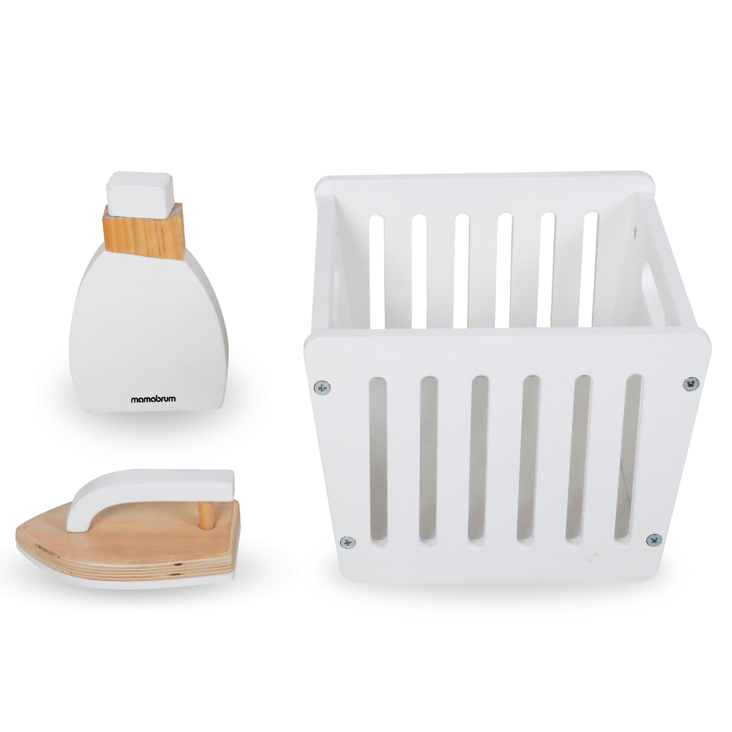 Mamabrum Lavadora Juguete Madera con Tabla Planchar, Cesto y Accesorios - Set Limpieza Juguete para Niños +3 Años - Incluye Escoba y Fregona - 65 x 29,5 x 68 cm
