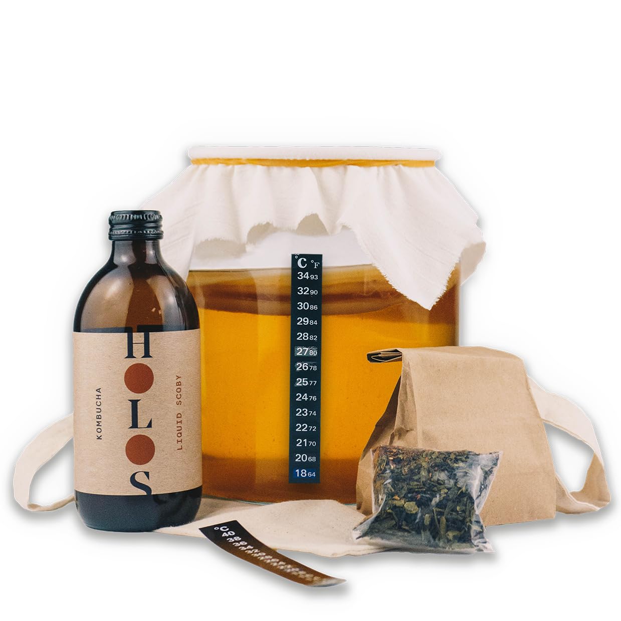 Holos Kombucha Home Brew Kit including liquid SCOBY, Brewing Guide, Fermenting Jar, Cloth Cover, Tea Leaves. Make your own Kombucha at home