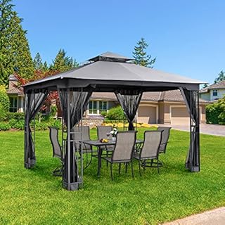 HAPPATIO 10' X 12' Outdoor Patio Gazebo, Outdoor Canopy Gazebo for Garden,Yard,Patio with Ventilation Double Roof with Mosquito Netting,Gray