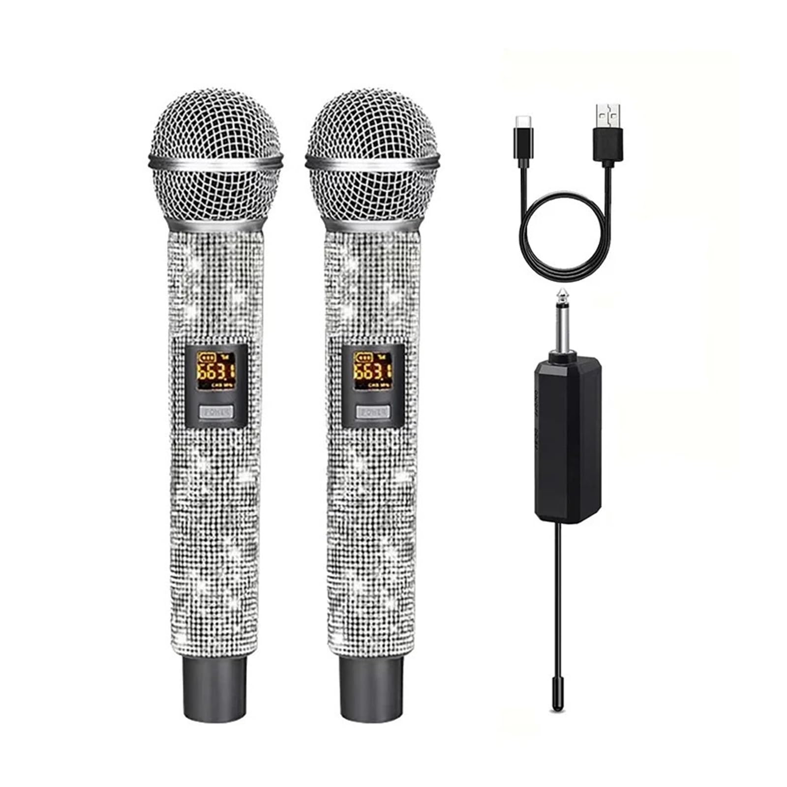 Microphone Sans Fil Professionnel Avec Diamant Type-c Charge Maison KTV Micro Audio Extérieur VHF Scène Karaoké Dynamique Captation Sonore Claire(1 drag 1)