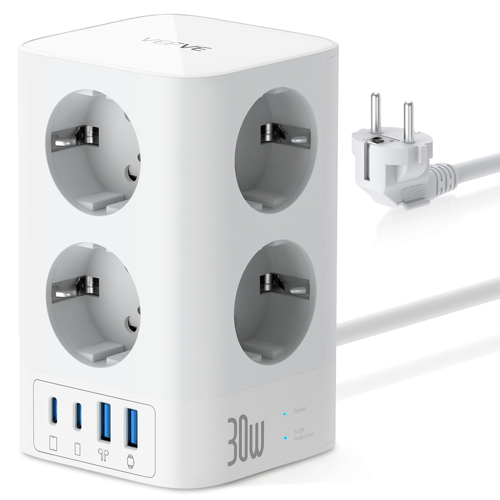 VEFVE Multiprise Tour 12 en 1 (4000W 16A), Bloc Prise Parafoudre avec USB C 30W GaN Charge Rapide, 8 Prises Françaises et 4 USB, Interrupteur, Câble 5m, Blanc