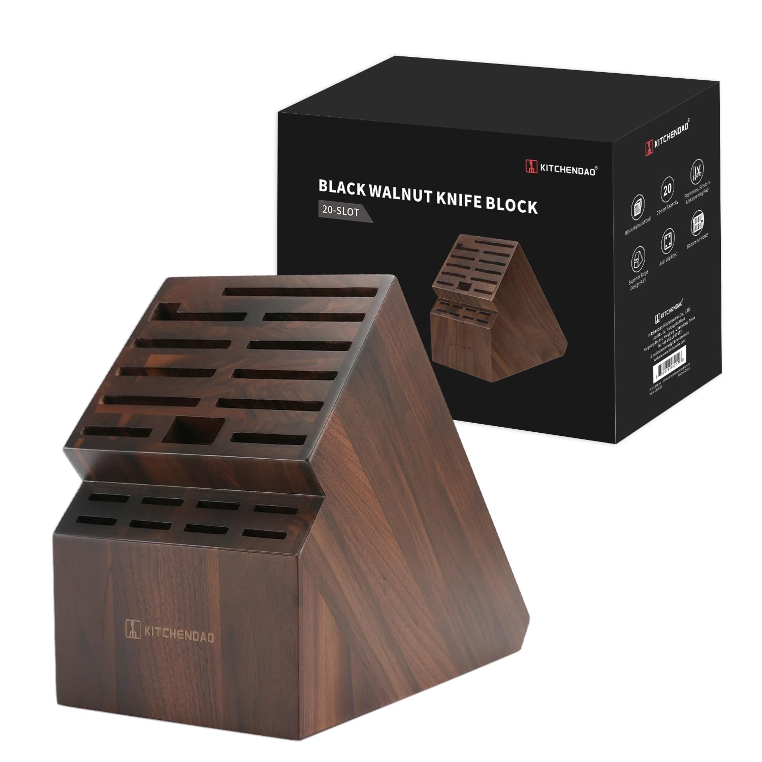 KITCHENDAO 20 Slot Black Walnut Wood Knife Block without Knives, Universal Knife Holder for Kitchen, Holding Multiple Types of Knives, Countertop Butcher Block Knife Stand for Easy Kitchen Storage