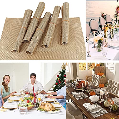 Image of Heat Resistant Table Placemats Set of 4 | Washable Dining Table Mats for Kitchen & Home Decor | Non-Slip, Waterproof, Easy to Clean PVC Woven Placemats for Dining Table (Golden Beige)
