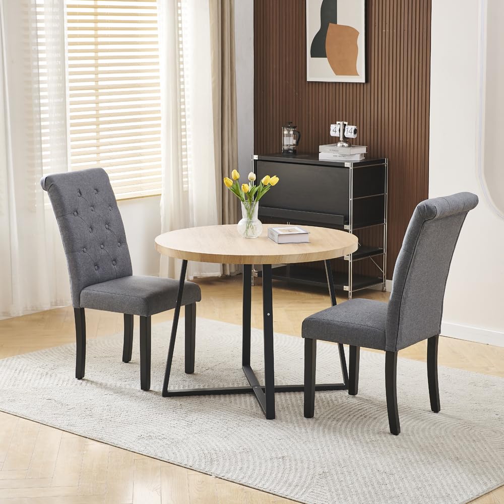 Pantanal 95cm Round Glass Dining Table and Grey Fabric Stud Chairs Set of 2, Modern 3 Pieces Compact Kitchen Table with 2 Elegant Chairs for Dinette Restaurant Small Space โ image 1