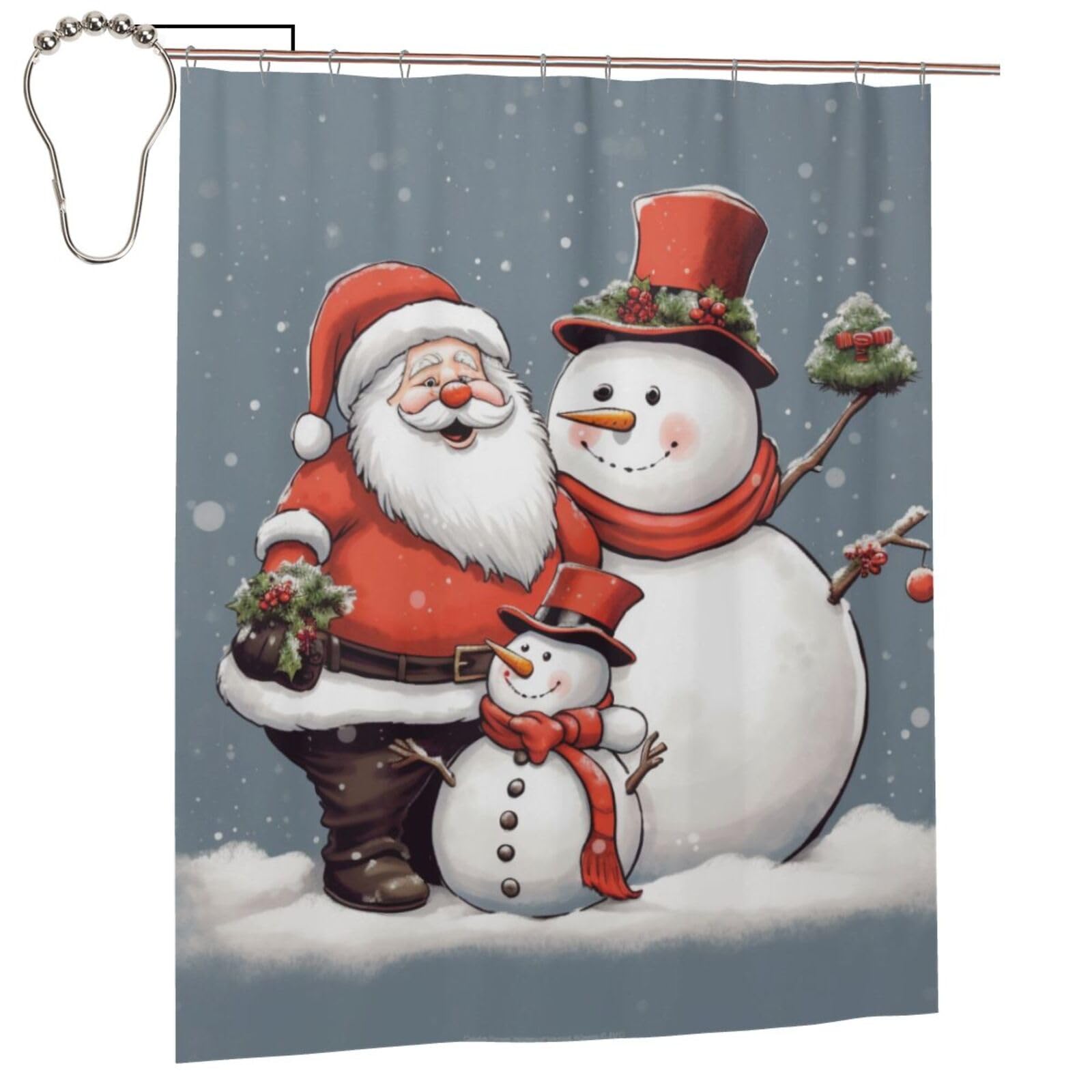 BWWHCCTI Santa Claus and Snowman Printed Shower Curtain With 12 Iron Hooks Opaque Quick Drying Waterproof Shower Curtains Sets For Bathroom 152x183 Cm