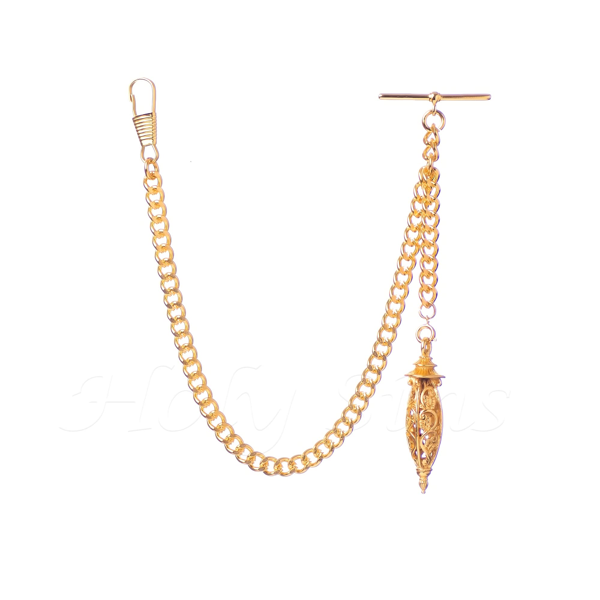 Gold Colour Single Albert Pocket Watch Chain With Hollow Pendant 004-G