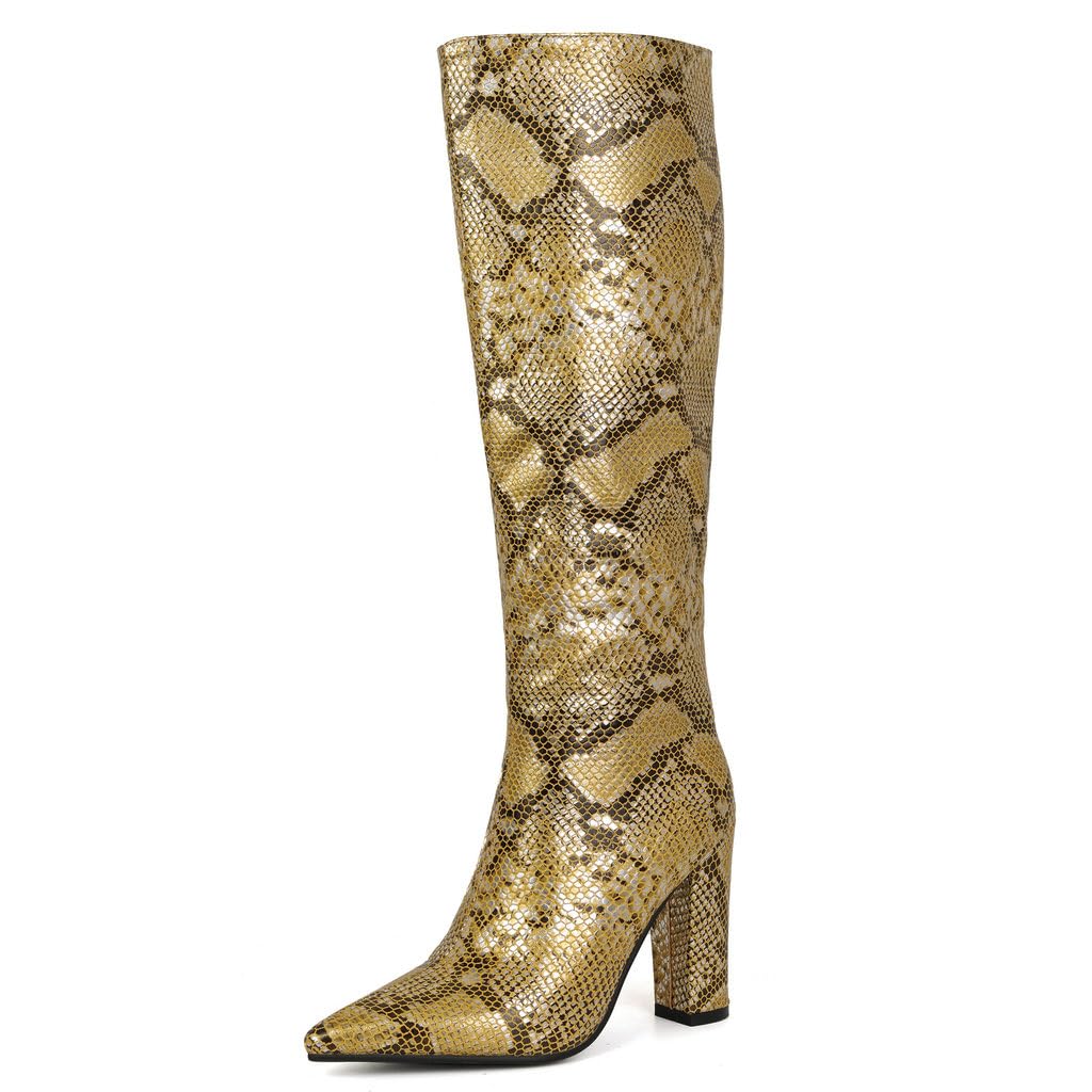 DINTAHA Snake Boots Women Snakeskin Chunky Heeled Knee High Pointed Toe Boots