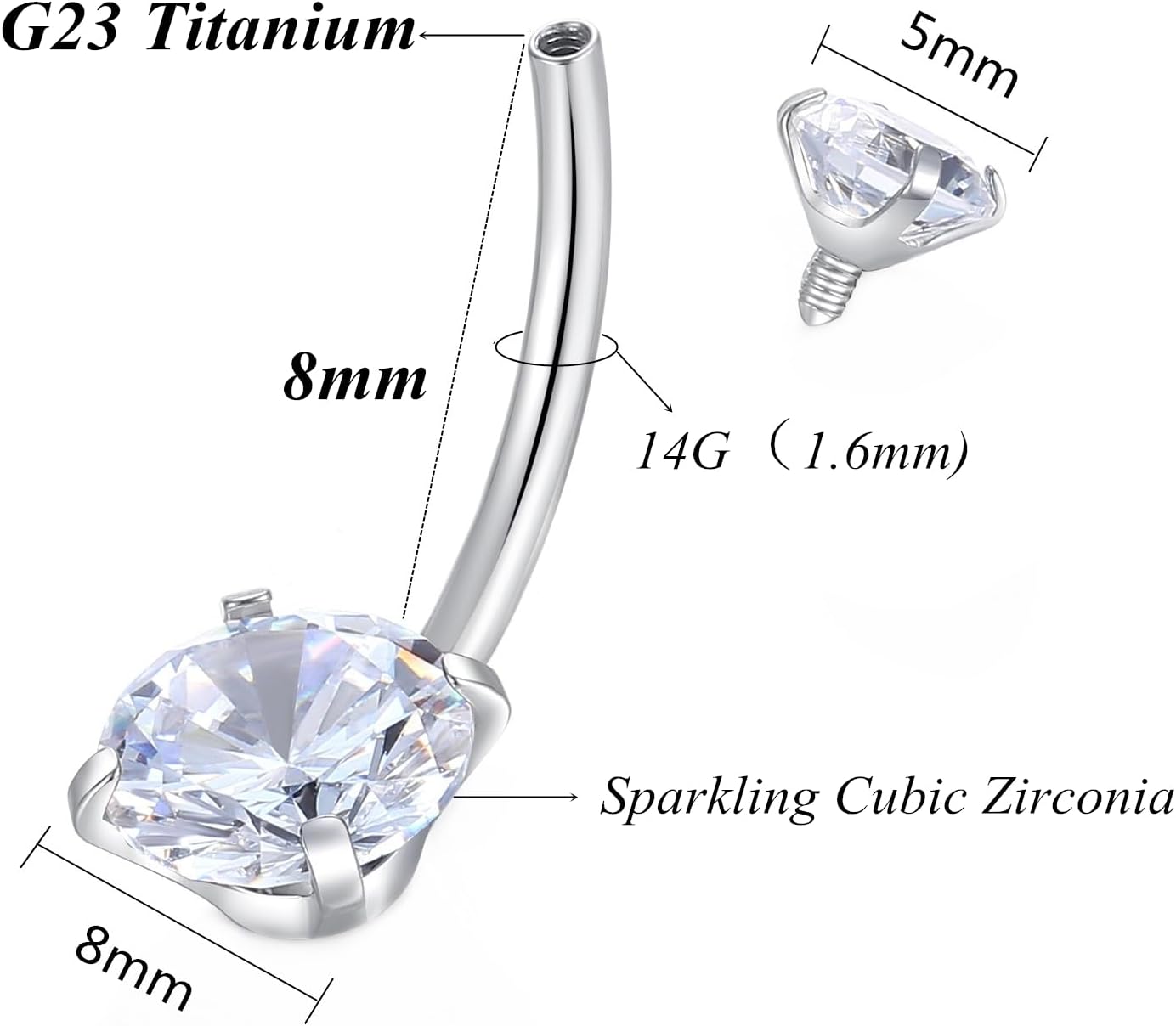 ORANGELOVE G23 Titanium 14G Belly Button Rings Cubic Zirconia Internally Threaded CZ Belly Ring Navel Barbell Stud Body Piercing Jewelry 14 Gauge 8mm 10mm 12mm 14mm