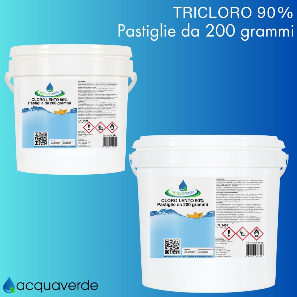 acquaverde | Cloro Lento 90%, 25 kg di Tricloro in Pastiglie da 200 grammi per Piscina, 90/200 a Lenta Dissoluzione, Trattamento per Mantenere Costante il Livello del Cloro nell' Acqua di Piscine