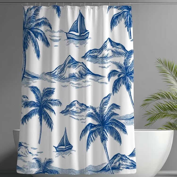 Rideau de douche 120x180 cm imperméable en polyester à motif plage avec 12 anneaux