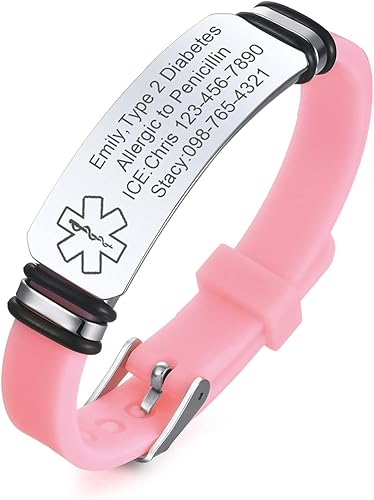 VNOX Pulseras de alerta médica para hombres y mujeres niños con grabado gratuito ajustable de malla de acero inoxidable pulseras de identificación