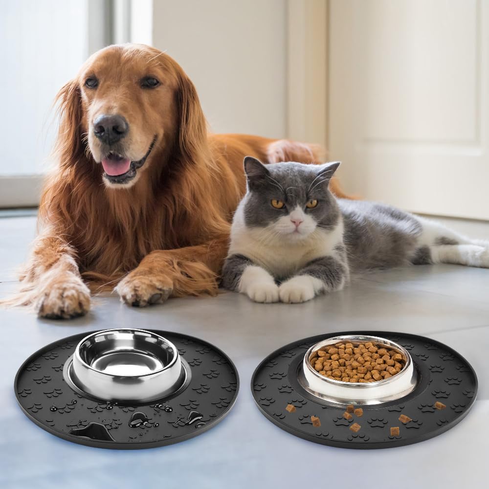 2 Pezzi Nero Sottociotola per Cani, 27,5x27,5x1cm Rotondo Tappetino Ciotole Gatto, Tappetino Ciotola Cane Antiscivolo, Impermeabile Tappetini Sottociotola, per Animali Domestici Medi e Piccoli