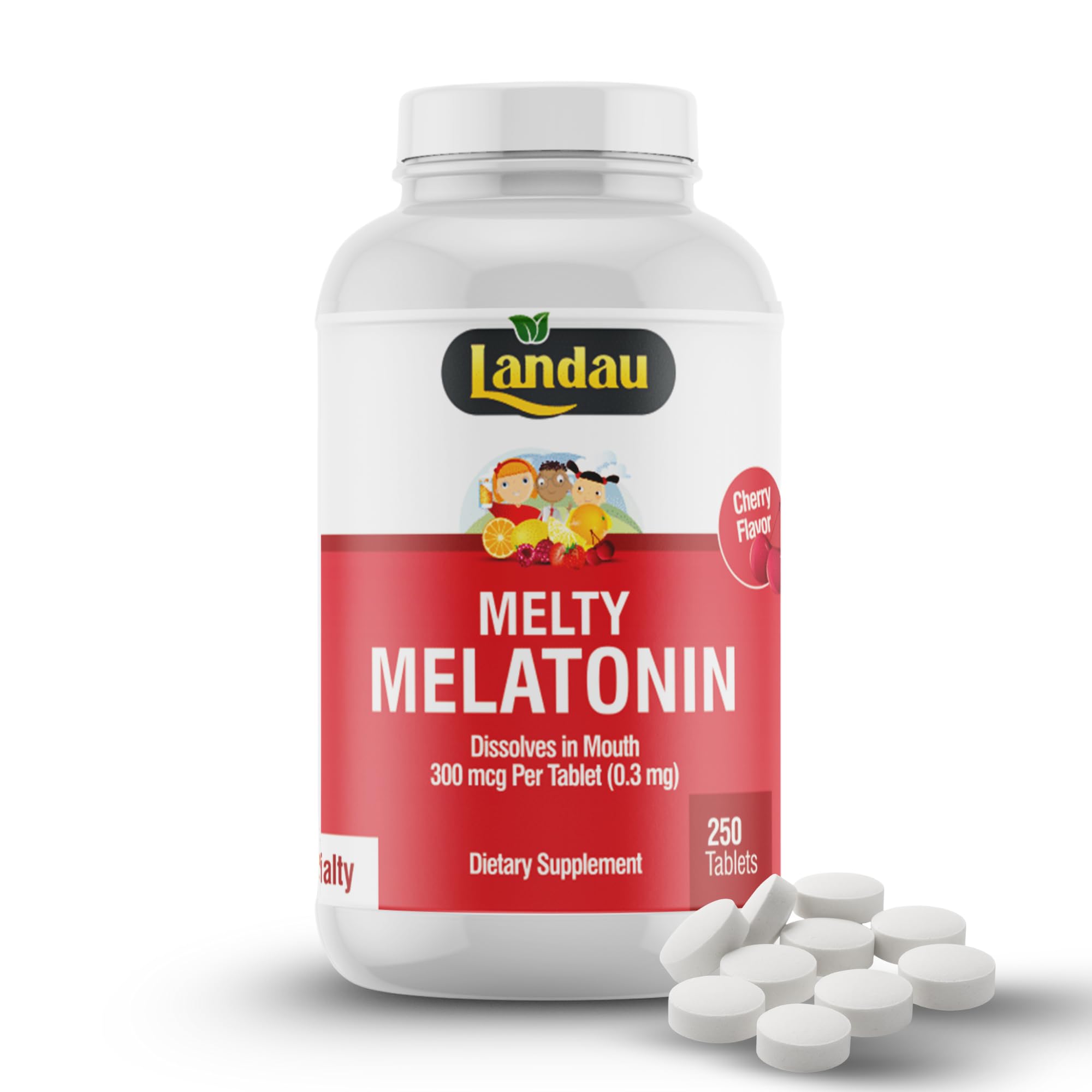 Landau 0.3mg-300 mcg Melty Melatonin for Kids & Adults – Easy-to-Take, Fast-Dissolving, Helps You Fall Asleep Faster – Kosher, Made in The USA – 250 Tablets, Cherry Flavor