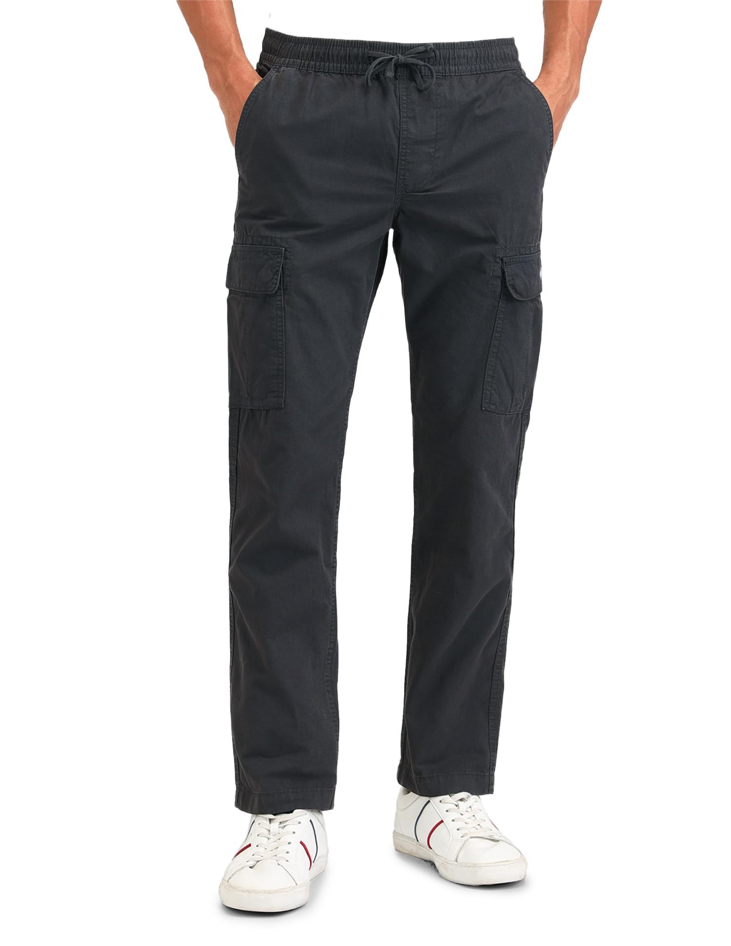 Men's Charcoal Self-Design Mid Rise Cotton Drawstring Straight Fit Flat Front Slant Pocket Trousers-image-5