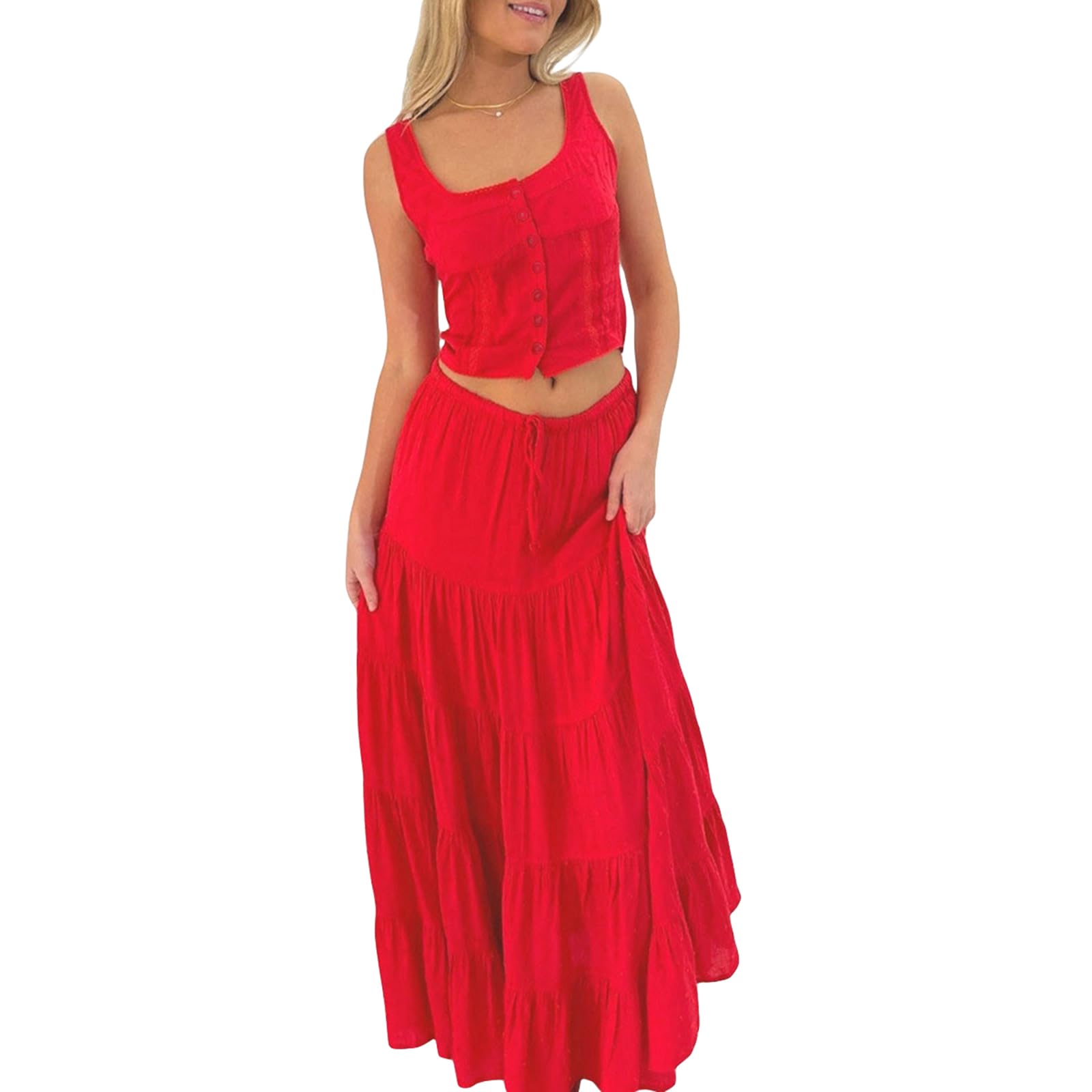 FeMereina Womens 2 Piece Maxi Skirt Set, Sleeveless Button Down Tank Top and Flowy Long Skirt 2024 Summer Beach Outfit (Red, XL)