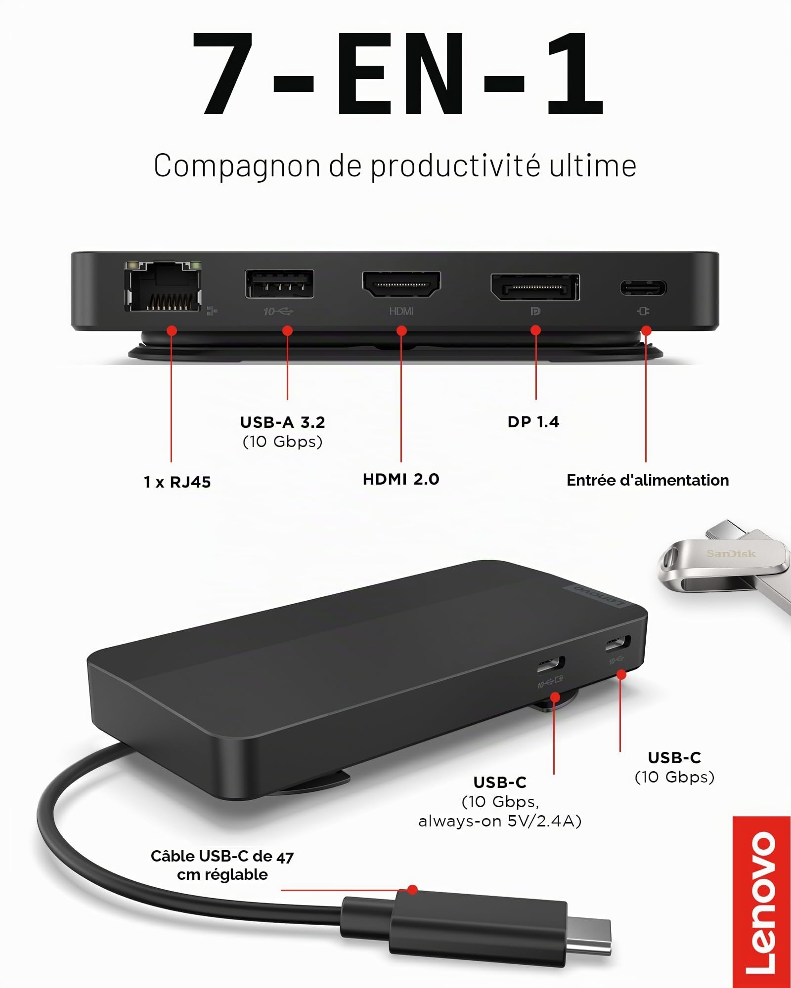 Lenovo Station d'accueil de Voyage USB-C à Double écran, 7 Ports, Ports HDMI et DP prenant en Charge Deux écrans à 4K, Passe PD jusqu'à 100 W, câble USB-C intégré, Noir