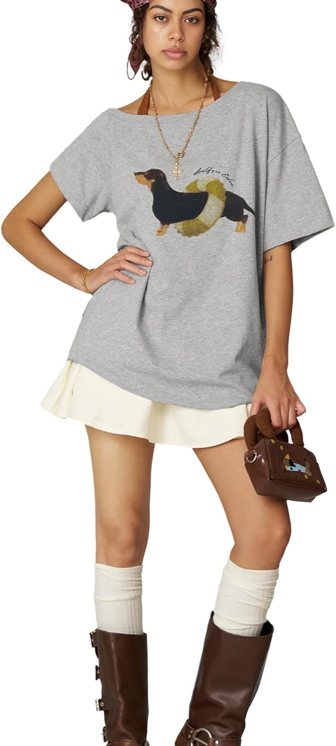 Aelfric Eden Dachshund Off The Shoulder Tshirts Women's Oversized Graphic Tees Short Sleeve Summer Cute T Shirts Y2K Tops - Image 2