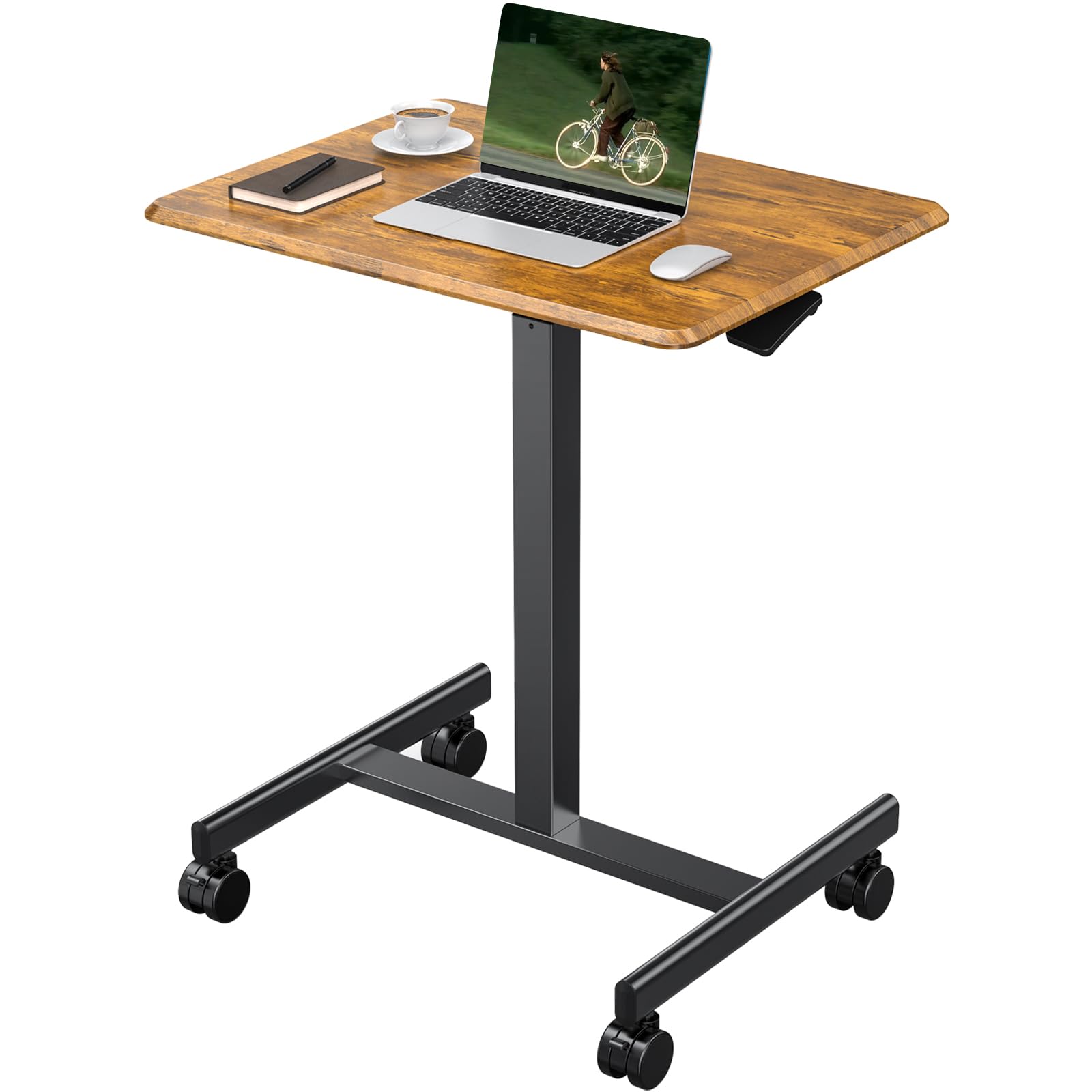 OLIXIS Small Standing Desk Adjustable Height, Portable Rolling Table on Wheels, 19 Inch Computer Mobile Desk Workstation for Home Office, Rustic Brown
