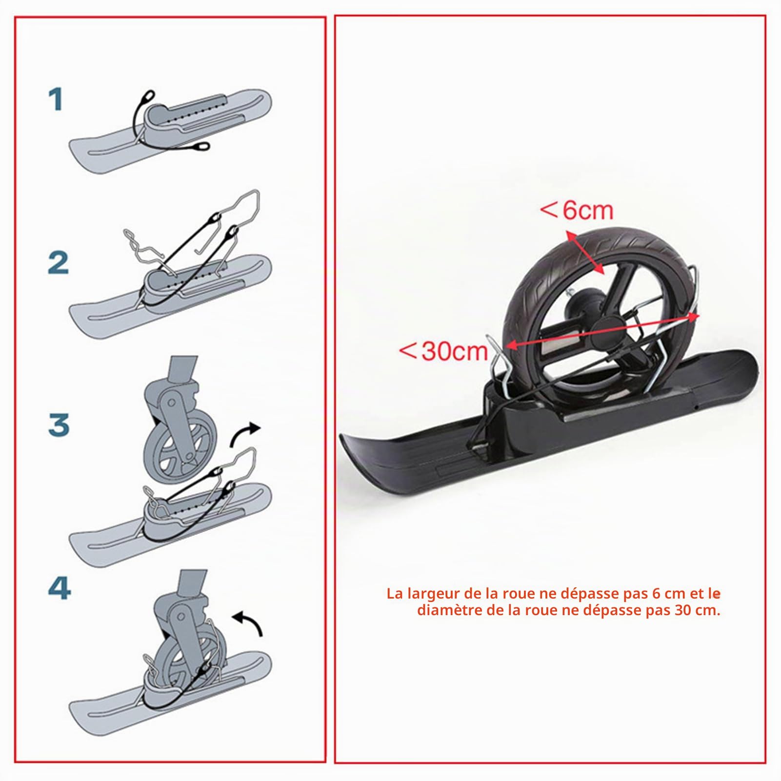 Skis de neige pour poussette, luge légère 2 en 1 avec pinces à ressort et corde élastique, ABS noir et fer, 53 x 9,5 x 7,7 cm, pour draisienne, chariot de golf, fauteuil roulant