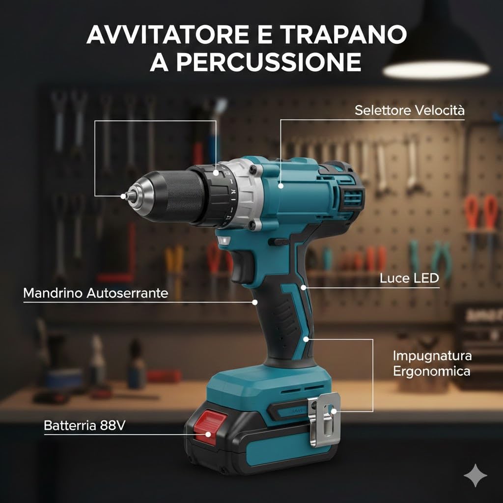 Kit Utensili 3 in 1 88V: Trapano, Smerigliatrice e Avvitatore a Impulsi - Set Cordless con 2 Batterie e Valigetta