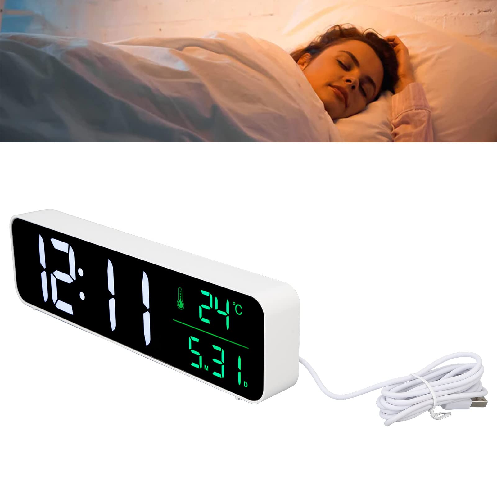 LED-Musikwecker, Großes Display mit 5 Helligkeitsstufen für (Weiß)