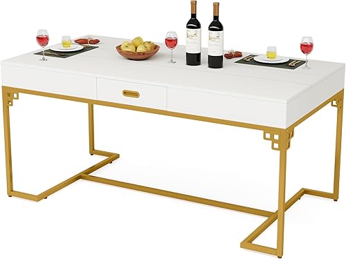 Miniatura 7 de Tribesigns Mesa de comedor de 63 pulgadas para 4 a 6, mesa de cocina rectangular con 2 cajones, moderna mesa de comedor con marco de metal dorado