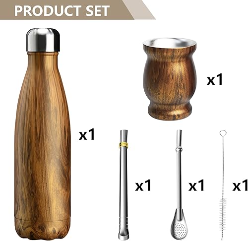 Miniatura 2 de Artcome Juego de 5 tazas de yerba mate de acero inoxidable  1 taza de acero inoxidable de doble pared de 8.5 onzas, 1 termo de 17 onzas, 2 bombillas