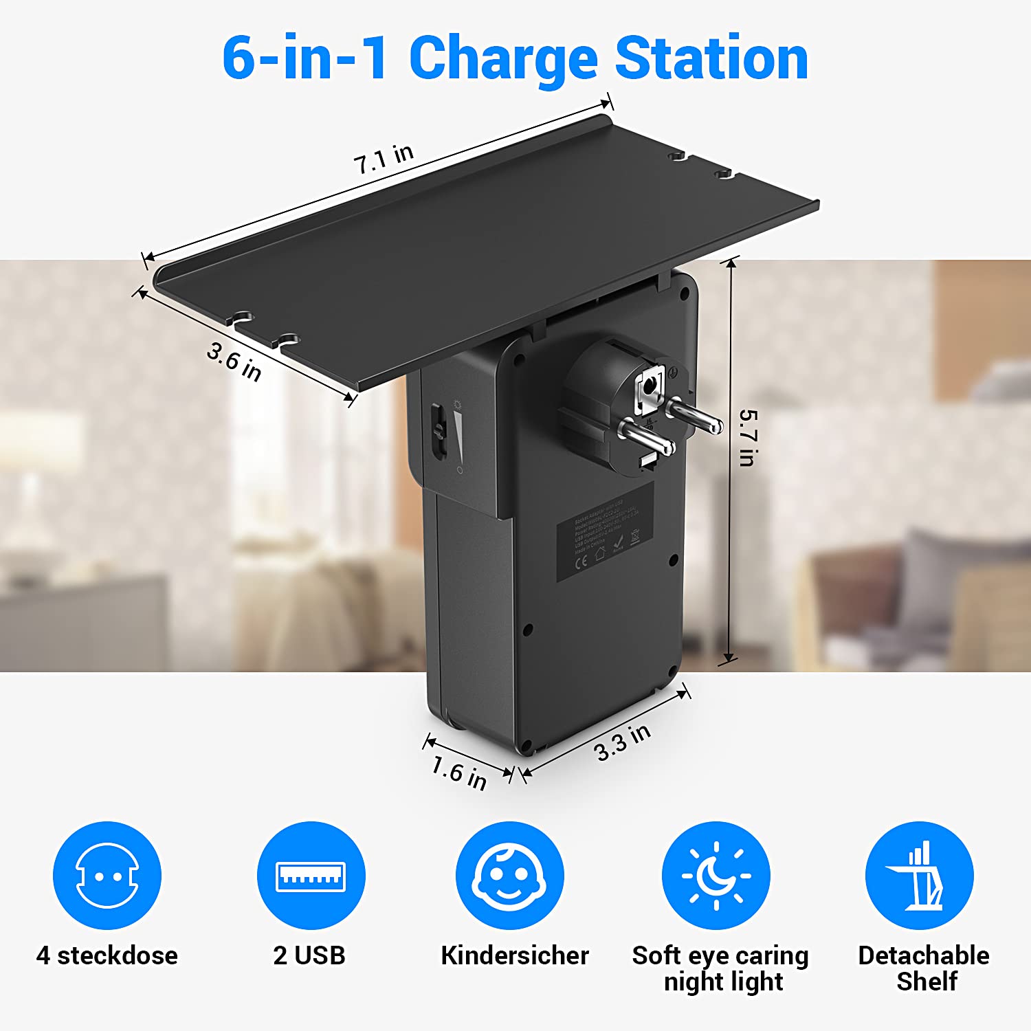 Ciabatta Multipresa Elettrica Prese a Muro con 2 Porte USB e 4 Prese, con Luce Notturna, Due Supporti per Posizionare Oggetti, Utilizzato in Bagno, Cucina, Nero