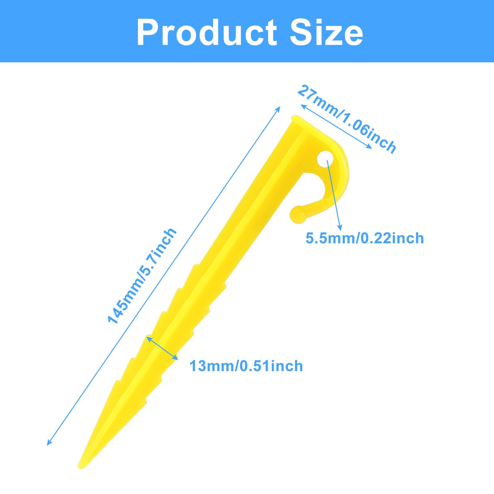 Moicstiy 12 Pack Plastic Tent Stakes, 5.7 Inch Yellow Serrated Edges Durable Garden Landscape Stakes Tent Spikes Hook for Camping, Gardening, Outdoor Beach