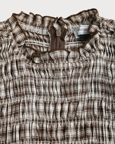 Image of RIHOAS Plaid Gingham Midi Dress Short Sleeve Smocked Dresses for Women | Cotton,Ruffle Puff Sleeves,Vintage Brown,Spring Summer Casual Daily,Picnic,Travel,Vacation,Christmas Festive Occasions
