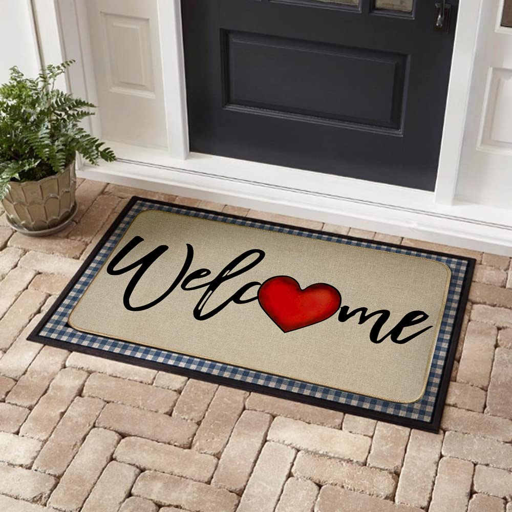 Welcome Valentines Day Door Mat 17 x 29 Inch, Seasonal Love Heart Valentines Decorative Doormat Non-Slip Rubber Backed Entryway Rugs for Indoor Outdoor Entrance Floor DM041