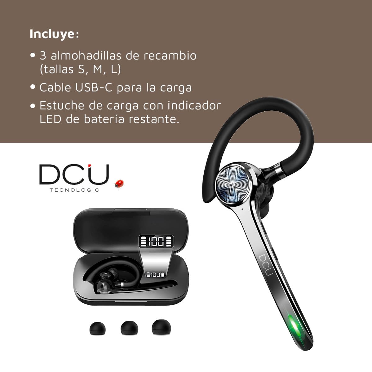 DCU TECNOLOGIC - Auricular Mono Bluetooth 5.0 Action Pro - Auricular Inalámbrico - Realiza y Recibe Llamadas - Conectividad de Doble Punto