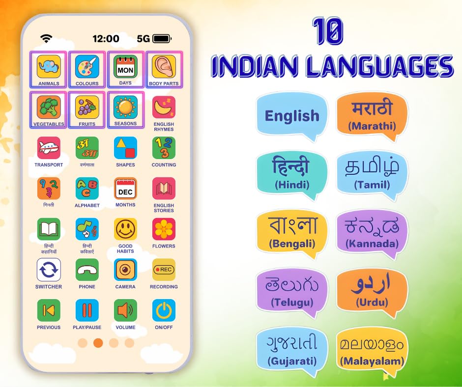 Image of Multi Language EduPhone | Educational, Screen - Free Toy |Type-C Rechargeable | 10 Indian Languages | 28 Functions | Flash Function | 20 Educational topics for Age 2 Year to 10 Years